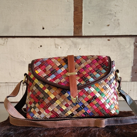 Genuine Leather Multicolor Woven Women's Crossbody Bag - Picture 1 of 9